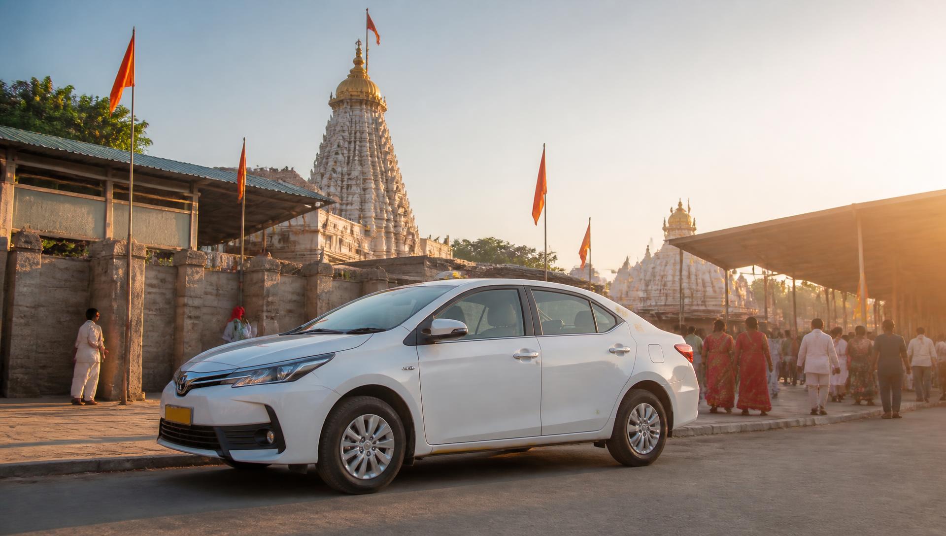 White taxi waiting near the Sai Baba temple in Shirdi at sunrise
