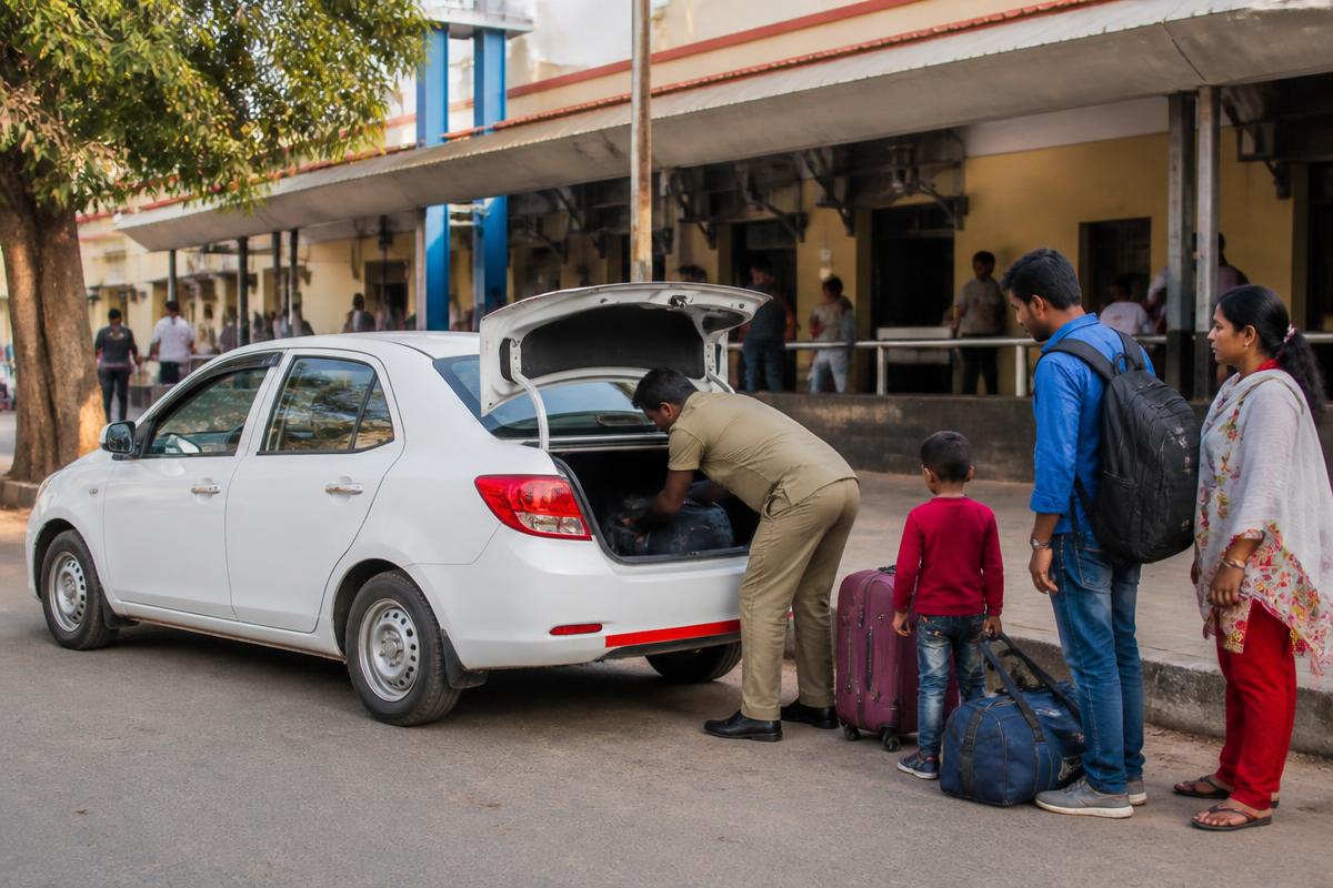 Taxi waiting outside a railway station for a family pickup near Shirdi
