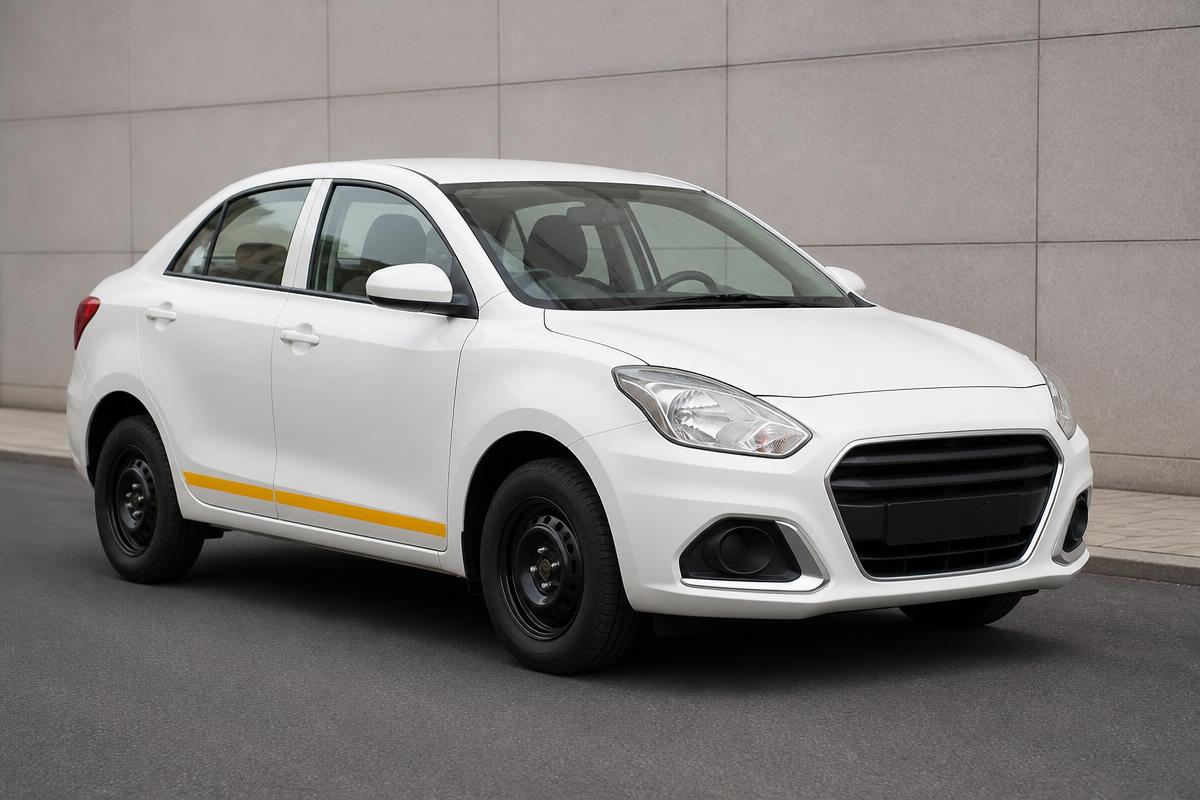 White Swift Dzire sedan taxi for hire in Shirdi